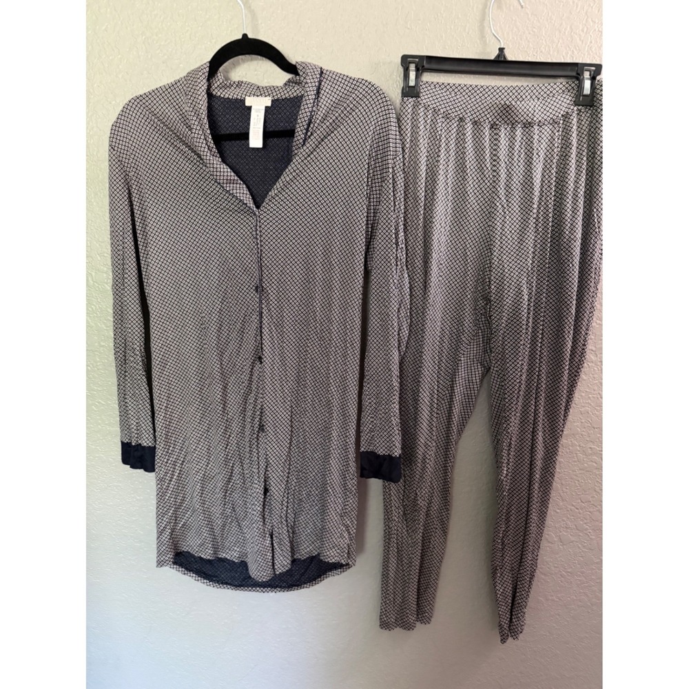 Hanro‎ of Switzerland Geometric Modal Pajama Set S/XS Navy Blue White Longline